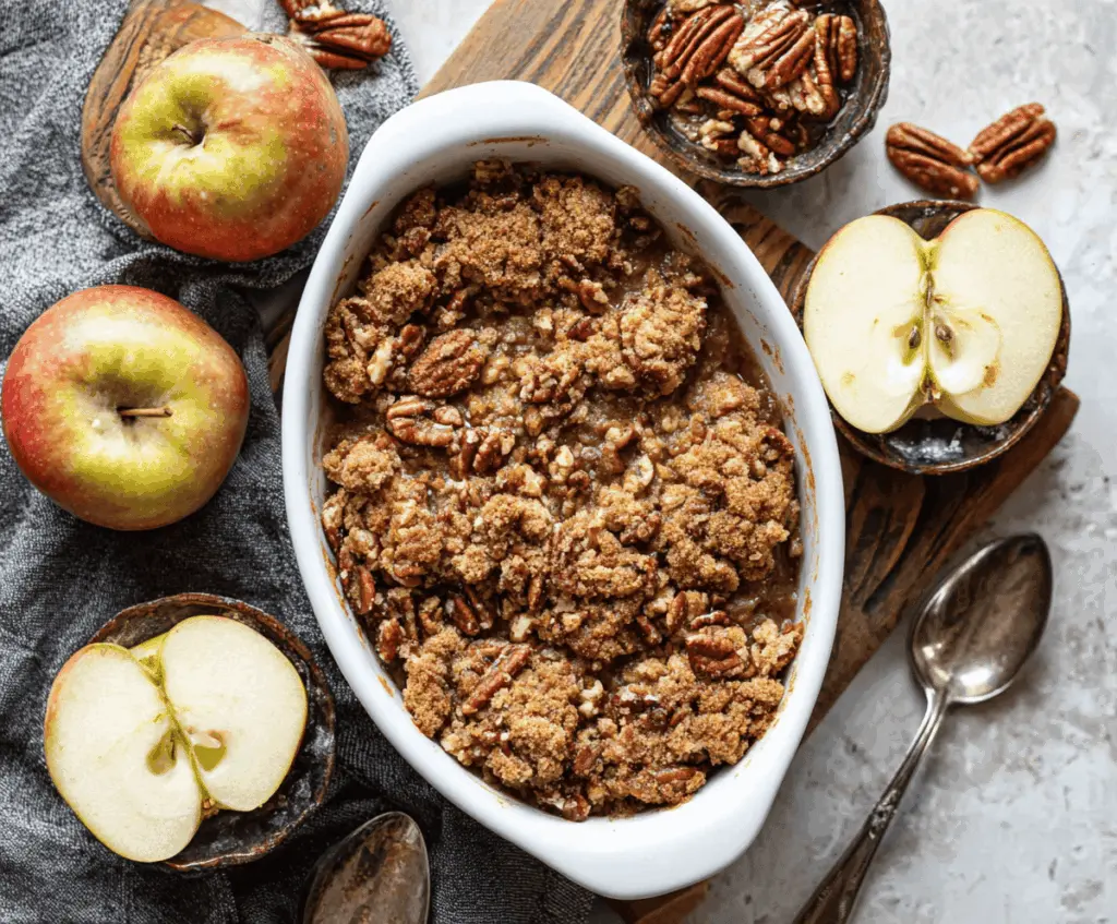 Delicious Maple Pecan Apple Crisp served in a baking dish with a golden topping and fresh apple slices, perfect for fall dessert
