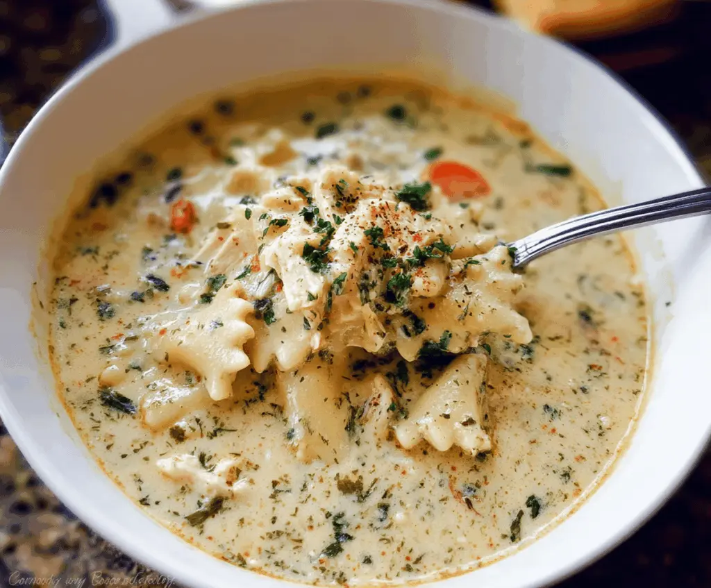 Creamy One-Pot White Chicken Lasagna Soup topped with shredded cheese and fresh herbs in a rustic bowl