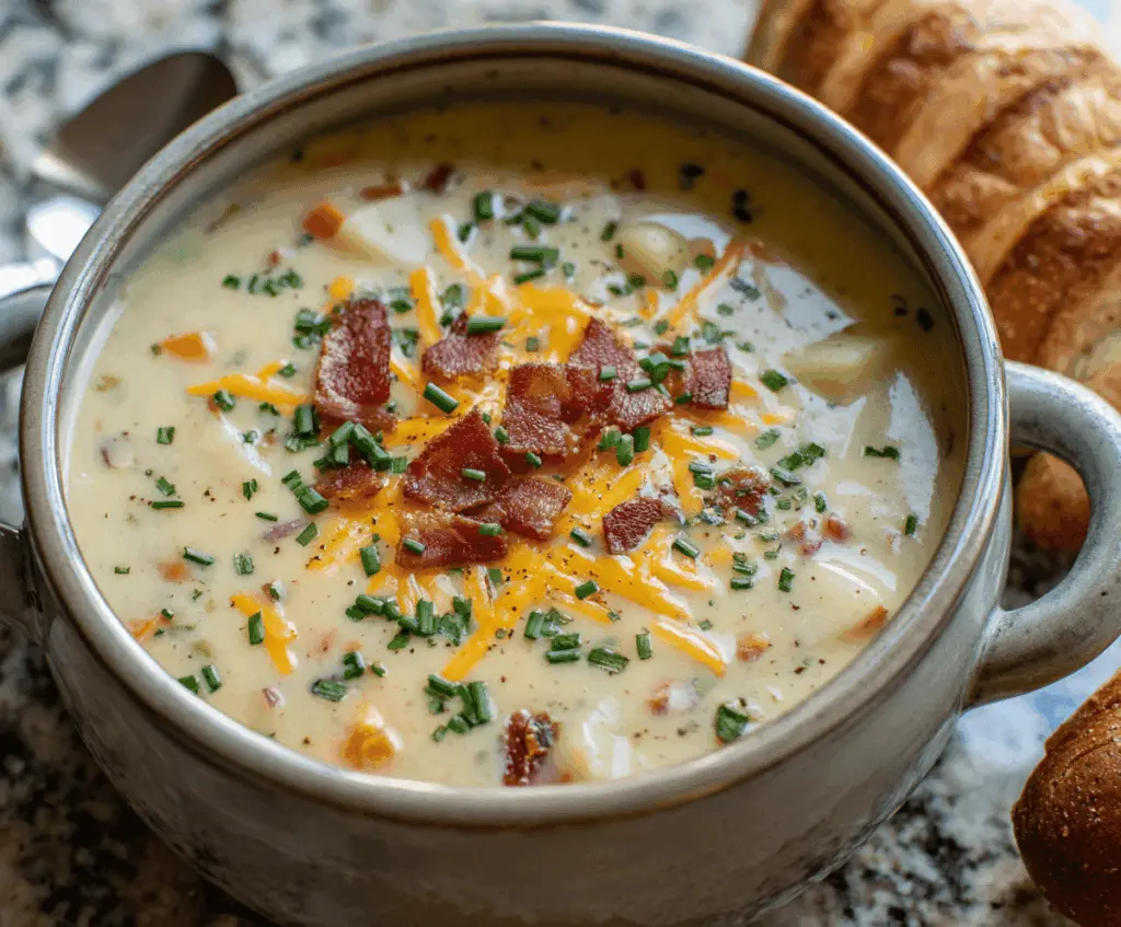 Creamy Outback Potato Soup served in a bowl, garnished with fresh herbs and crispy bacon bits, perfect for a comforting meal.