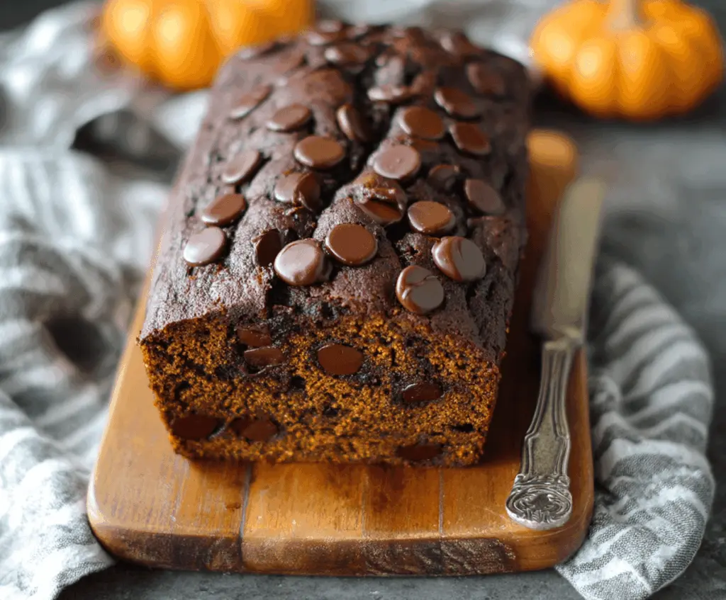 Delicious homemade pumpkin chocolate bread sliced and ready to serve, featuring moist pumpkin bread with chocolate chunks and a warm autumn aesthetic