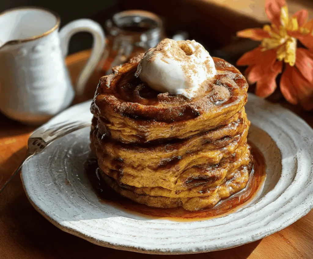 Delicious pumpkin cinnamon roll pancakes topped with cream cheese glaze and cinnamon, perfect for a fall breakfast treat.