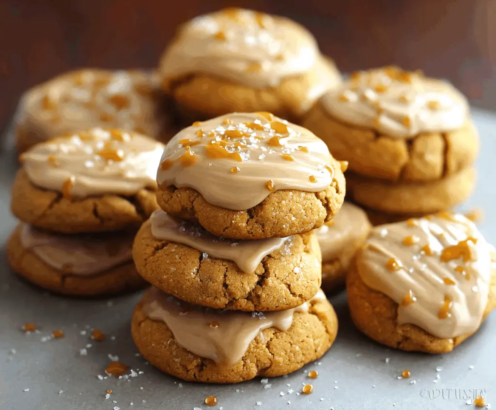 Delicious Pumpkin Salted Caramel Cookies with golden edges and a soft center, topped with sea salt and drizzled caramel for a sweet autumn treat.