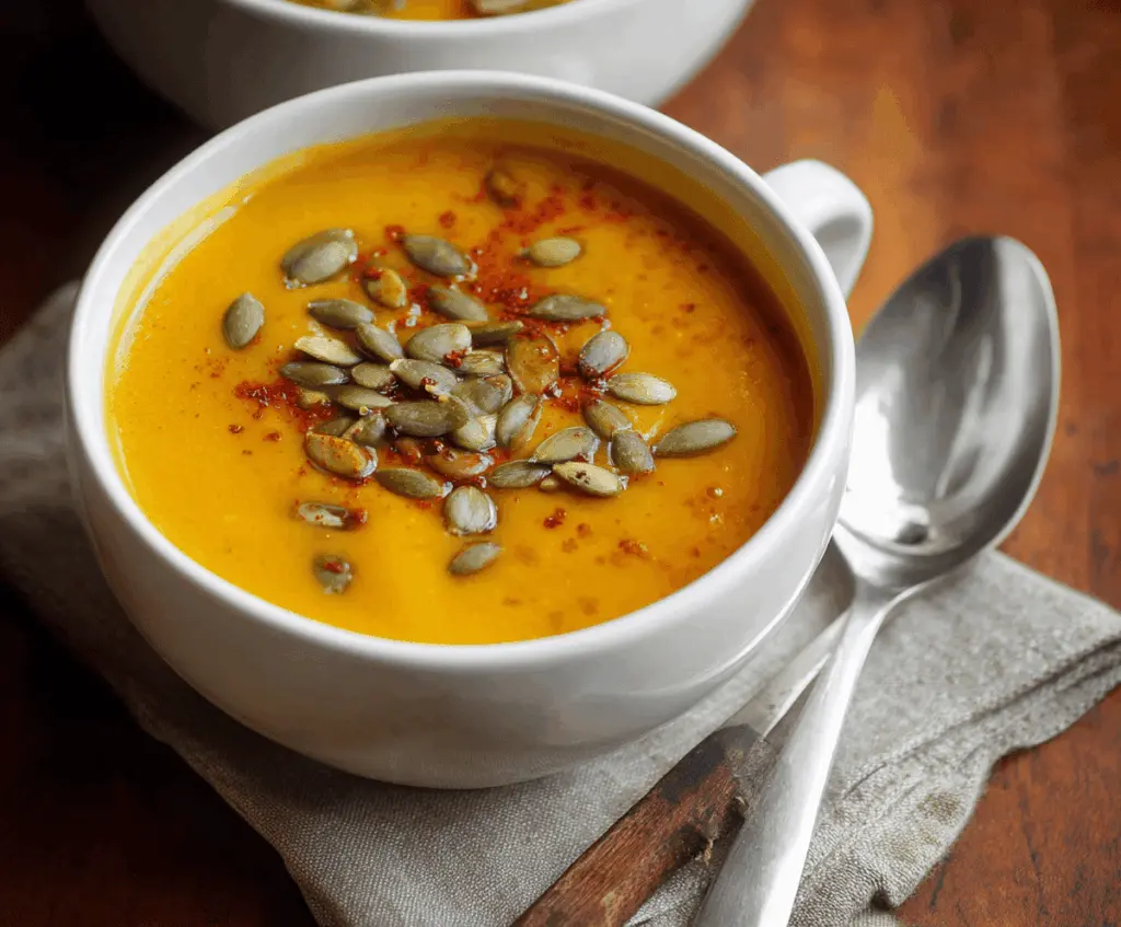 Creamy homemade pumpkin soup in a bowl topped with fresh herbs, perfect for a cozy fall meal.