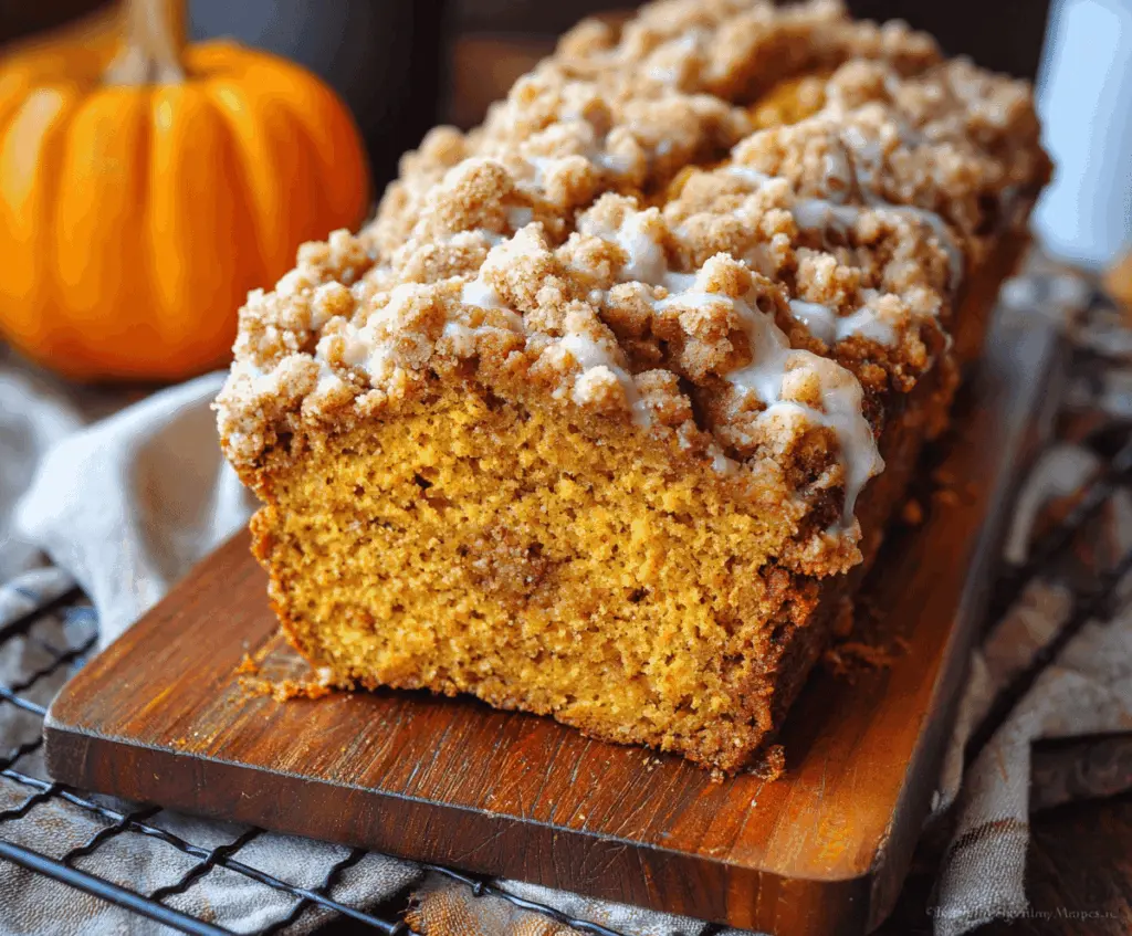 A sliced pumpkin streusel bread topped with crunchy cinnamon streusel, showcasing its moist interior and golden crust, perfect for fall baking.