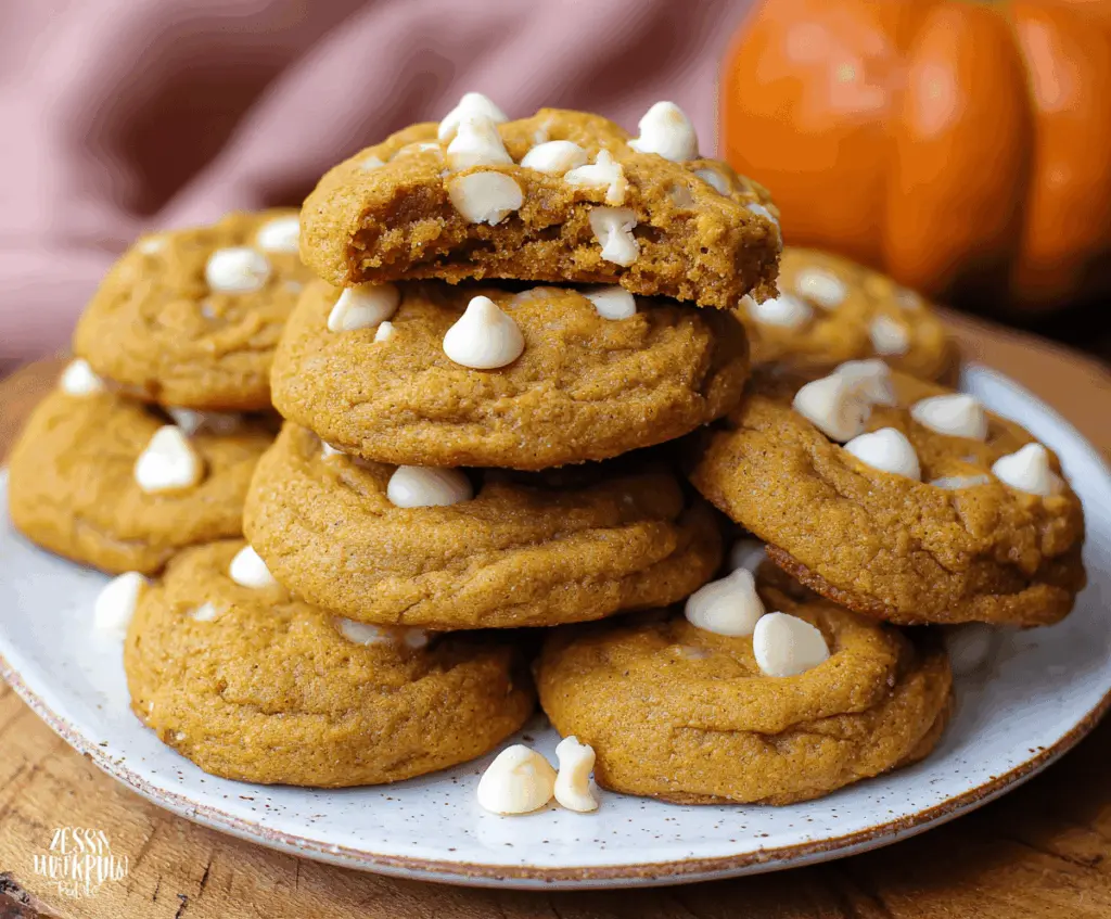 Delicious homemade pumpkin white chocolate chip cookies on a baking tray, perfect for fall treats and holiday desserts.