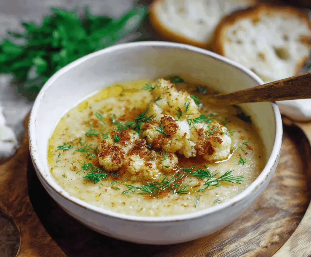 Creamy roasted cauliflower soup garnished with fresh herbs in a bowl, perfect for a warm, comforting meal.