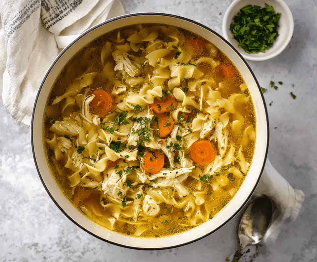A steaming bowl of rotisserie chicken noodle soup garnished with fresh herbs, vegetables, and tender chicken pieces, perfect for a comforting meal.