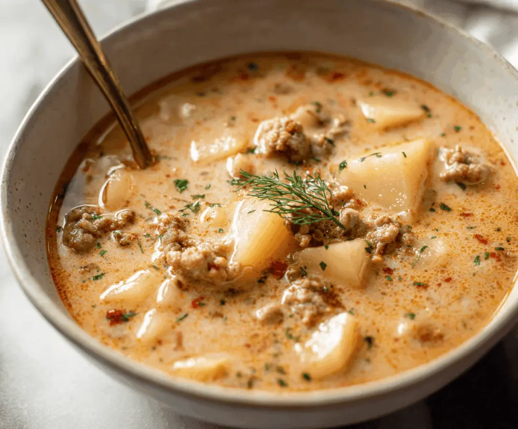 Creamy sausage and potato soup garnished with fresh herbs in a bowl, perfect for a comforting meal.