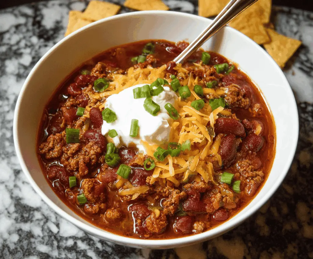 Hearty slow cooker chili topped with shredded cheese and fresh herbs in a rustic bowl