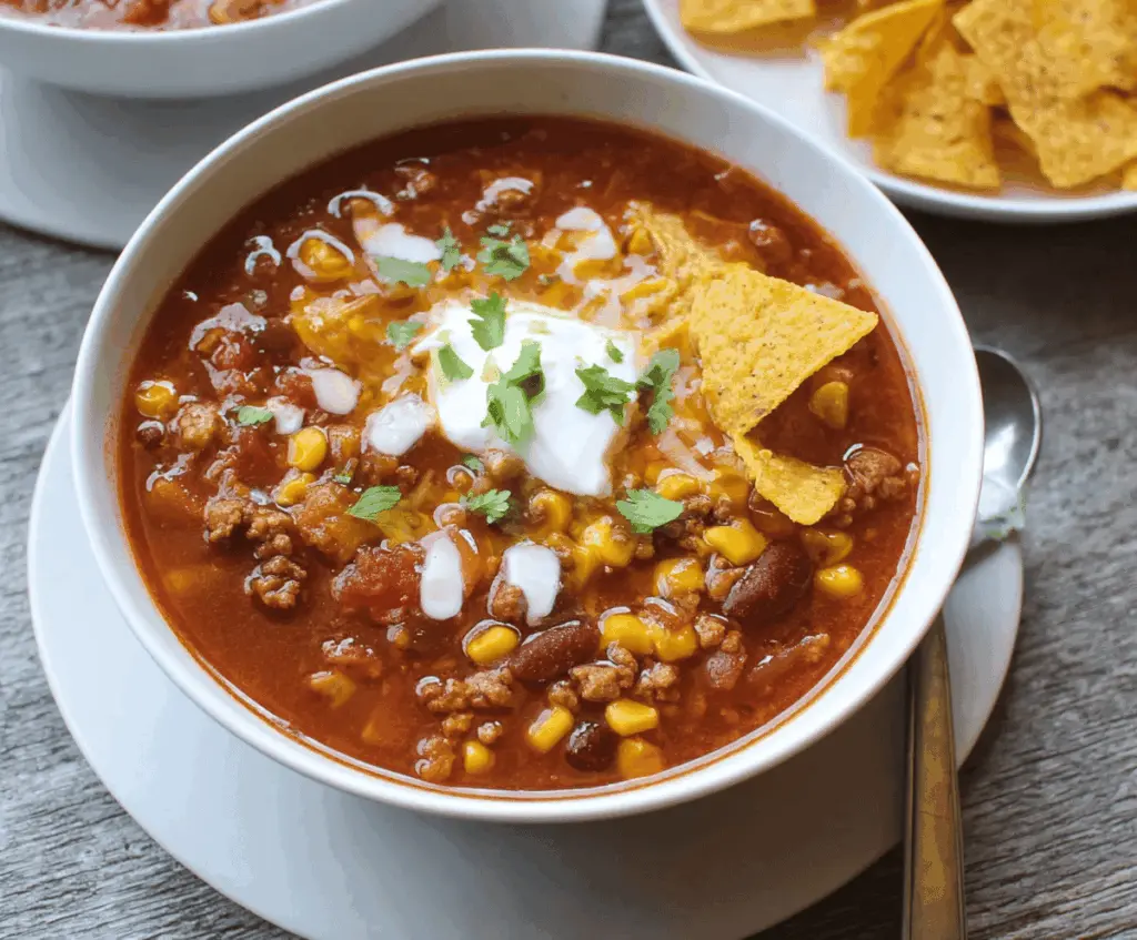 Hearty slow cooker taco soup with ground beef, beans, corn, tomatoes, and spices served in a bowl.