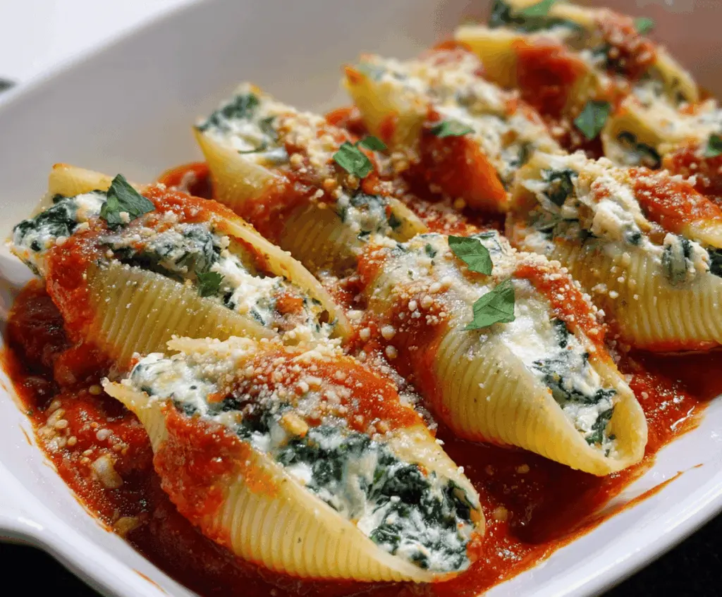 Delicious spinach and ricotta stuffed shells baked to perfection with melted cheese and fresh herbs, served on a white plate.