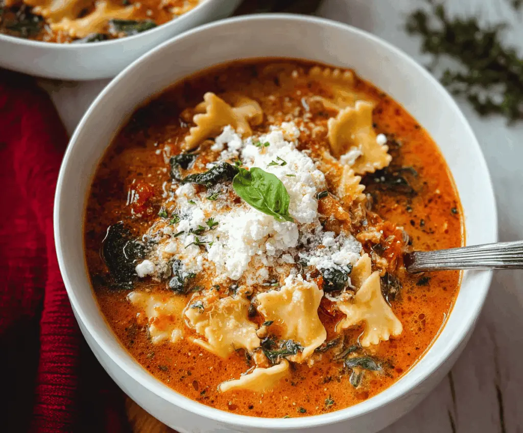 Delicious Spinach Ricotta Lasagna Soup in a bowl with fresh basil garnish, featuring layers of creamy ricotta, sautéed spinach, and melted cheese in a hearty tomato broth