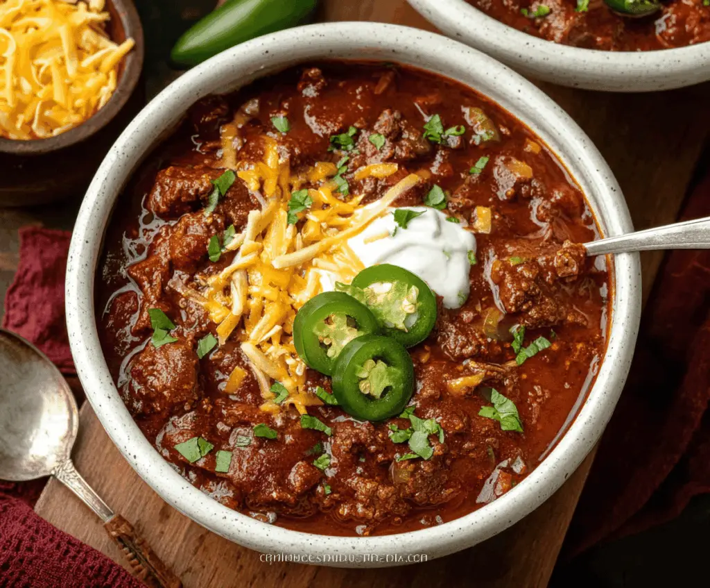 Spicy Texas Chili in a bowl topped with shredded cheese, chopped onions, and fresh cilantro, served with cornbread on a rustic wooden table