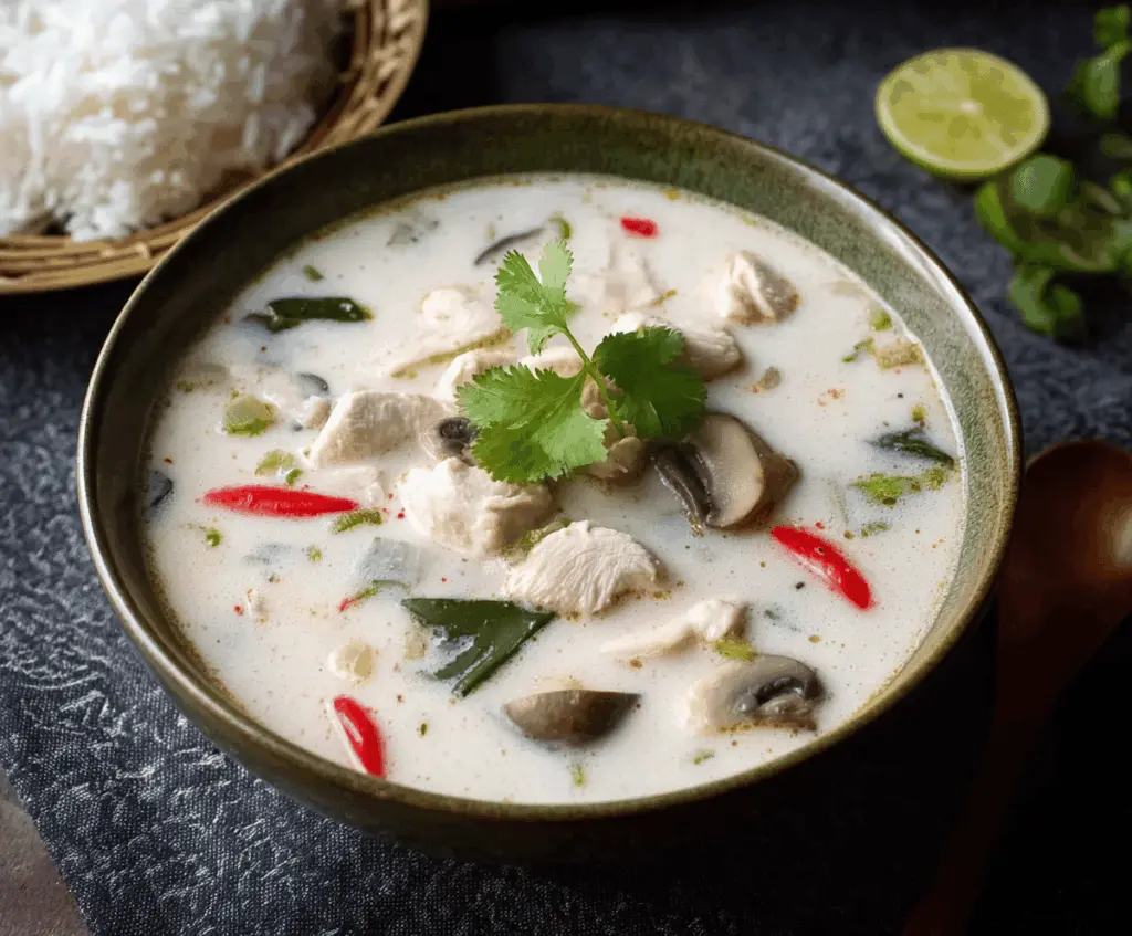 Delicious bowl of Thai Coconut Chicken Soup (Tom Kha Gai) with tender chicken, fresh herbs, and creamy coconut milk garnished with lime and chili peppers