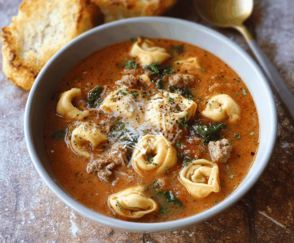 A bowl of warm tortellini soup garnished with fresh herbs, featuring cheesy tortellini, vegetables, and a flavorful broth.