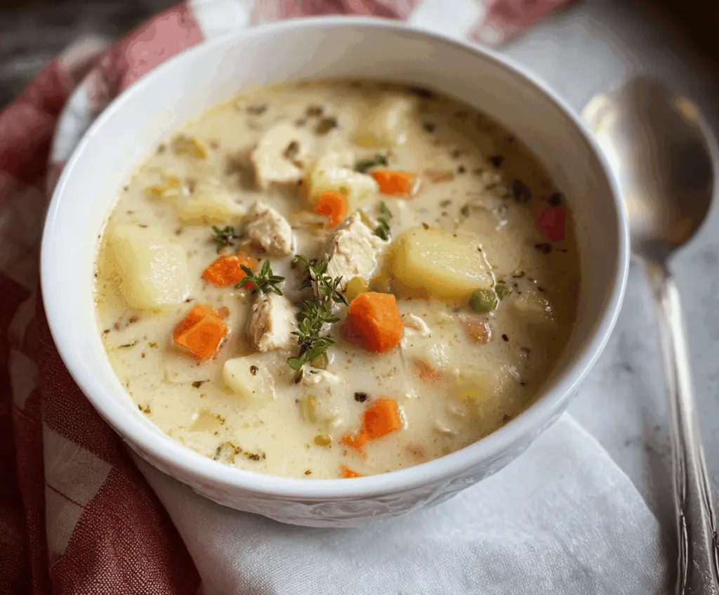 Creamy turkey potato soup in a bowl garnished with fresh herbs, served with crusty bread on a rustic table.