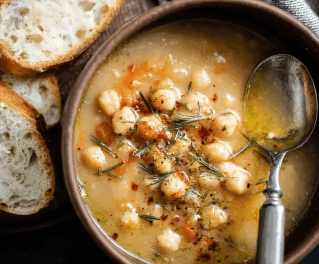 Creamy vegan garlic chickpea soup garnished with fresh herbs in a bowl, perfect for a healthy plant-based meal