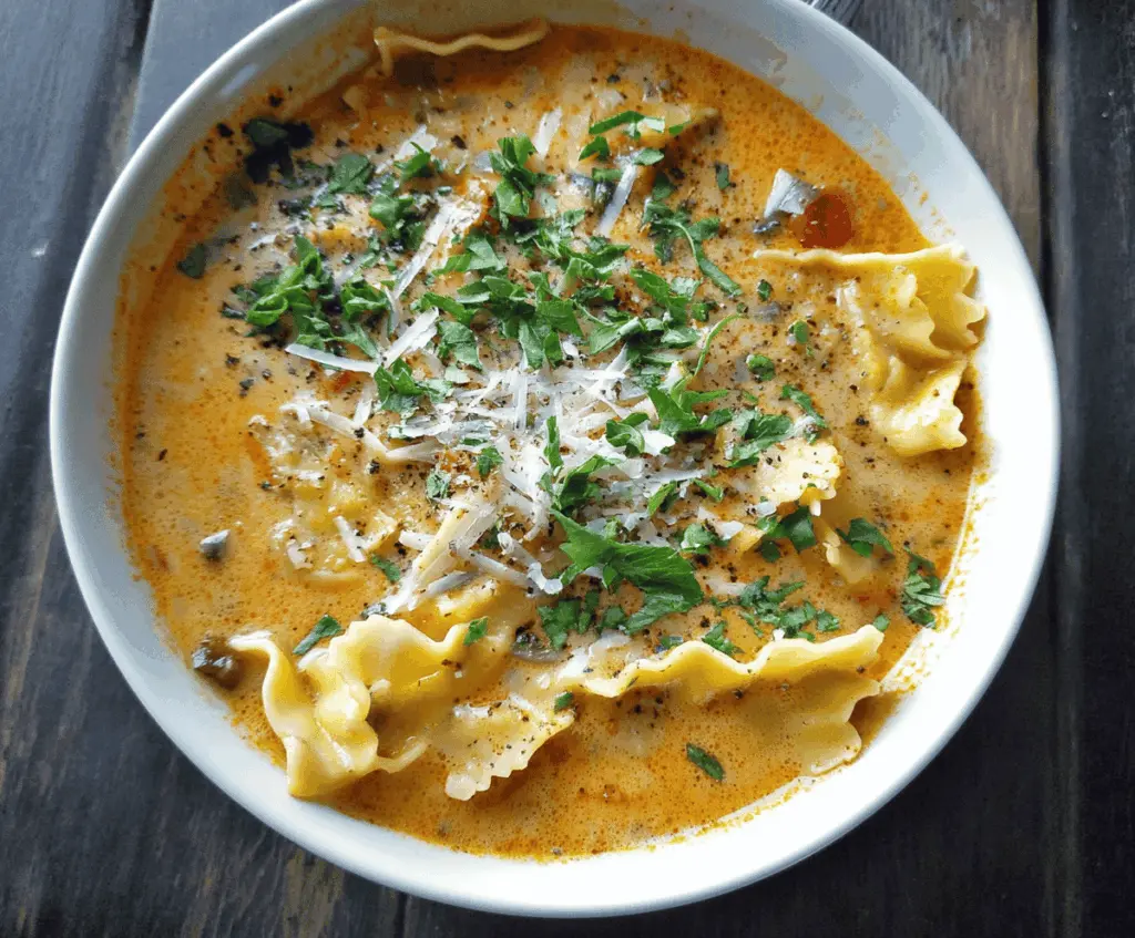 Creamy vegetarian lasagna soup with ricotta cheese, spinach, and melted mozzarella in a hearty bowl, garnished with fresh herbs