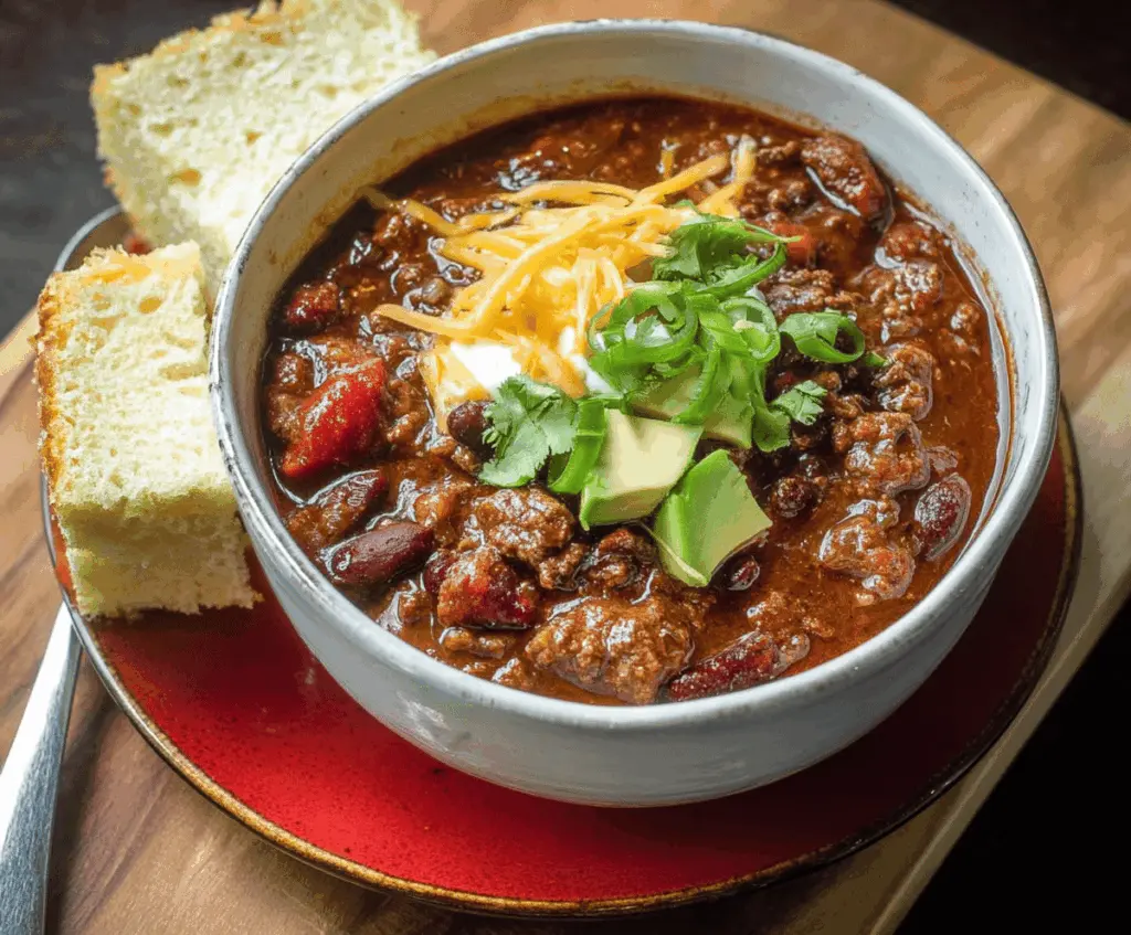 A bowl of hearty venison chili topped with shredded cheese and fresh cilantro, served with cornbread on the side.