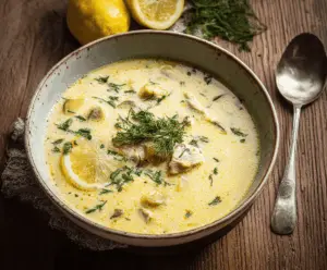 Creamy and flavorful Avgolemono Soup featuring lemon, chicken, and rice, served in a bowl garnished with fresh herbs.