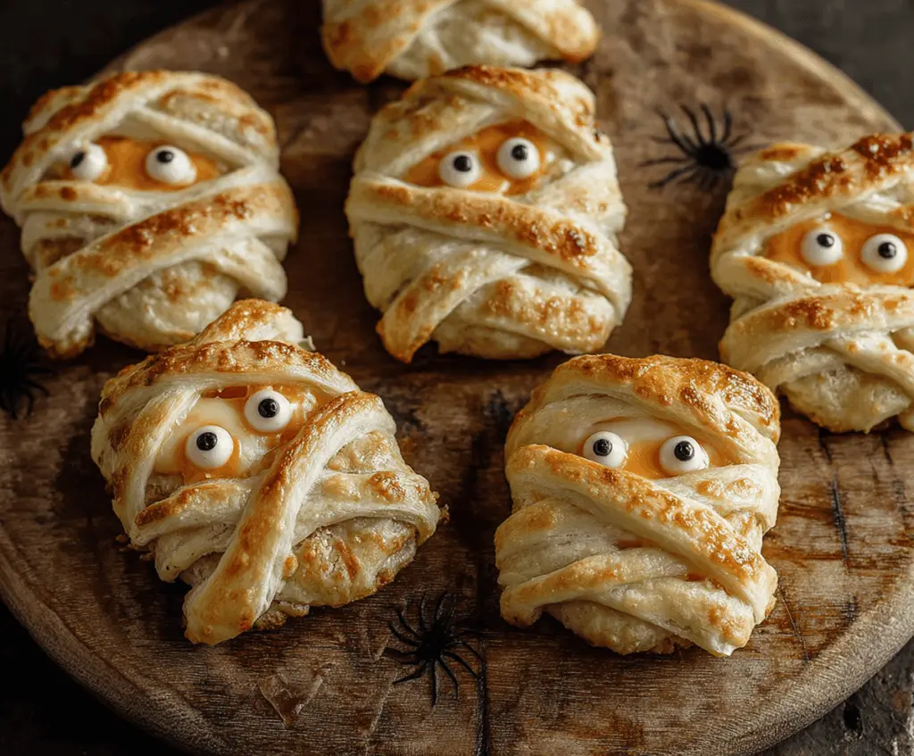 Delicious baked cheese mummies wrapped in puff pastry with olive eye decorations, perfect for Halloween parties