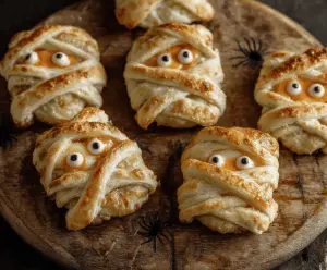 Delicious baked cheese mummies wrapped in puff pastry with olive eye decorations, perfect for Halloween parties
