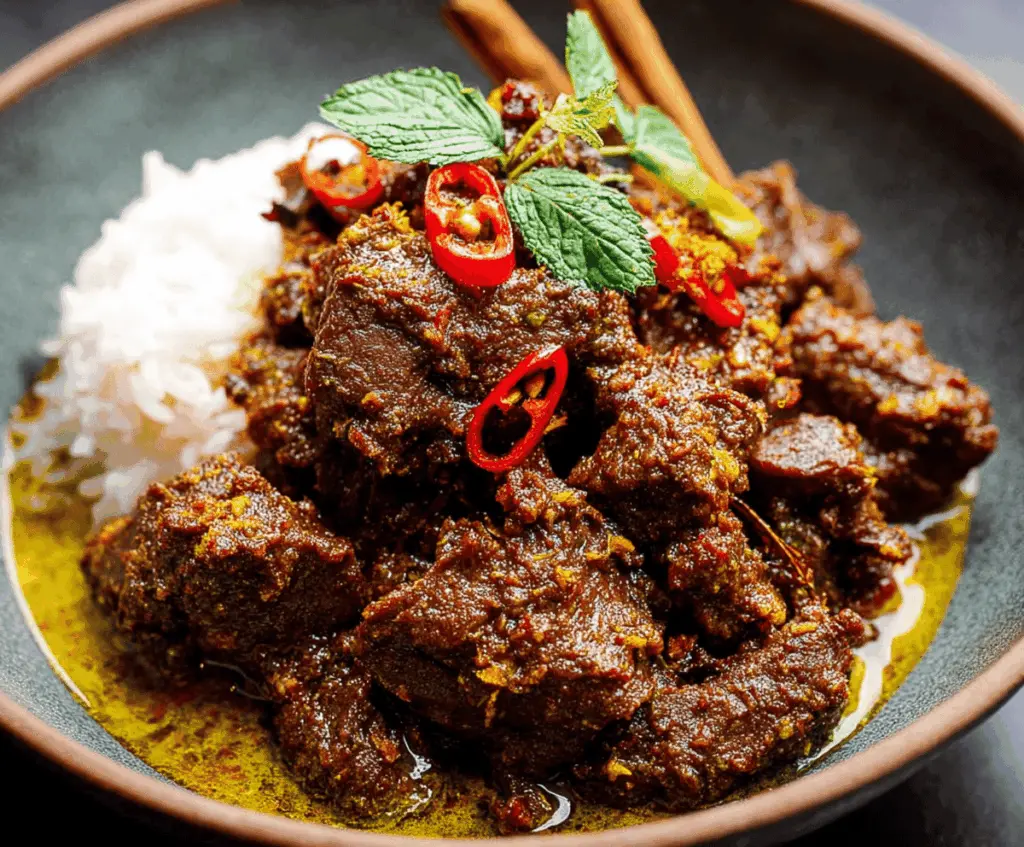 Delicious homemade Beef Rendang with rich spices, tender beef, and aromatic coconut milk served on a plate