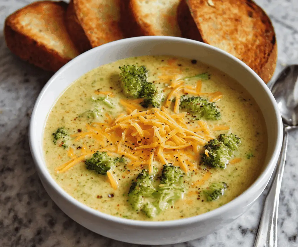 Creamy broccoli cheddar soup served in a bowl with fresh broccoli florets and shredded cheddar cheese, perfect for a comforting meal.