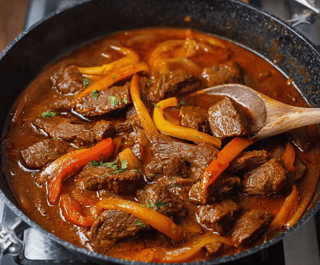 Delicious homemade Carne Guisada featuring tender beef stew with savory gravy, vegetables, and spices served in a rustic bowl