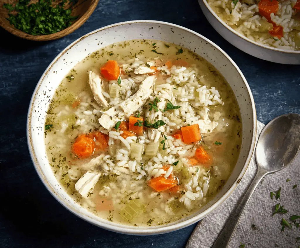 A steaming bowl of chicken and rice soup garnished with fresh herbs, served with slices of bread on the side.