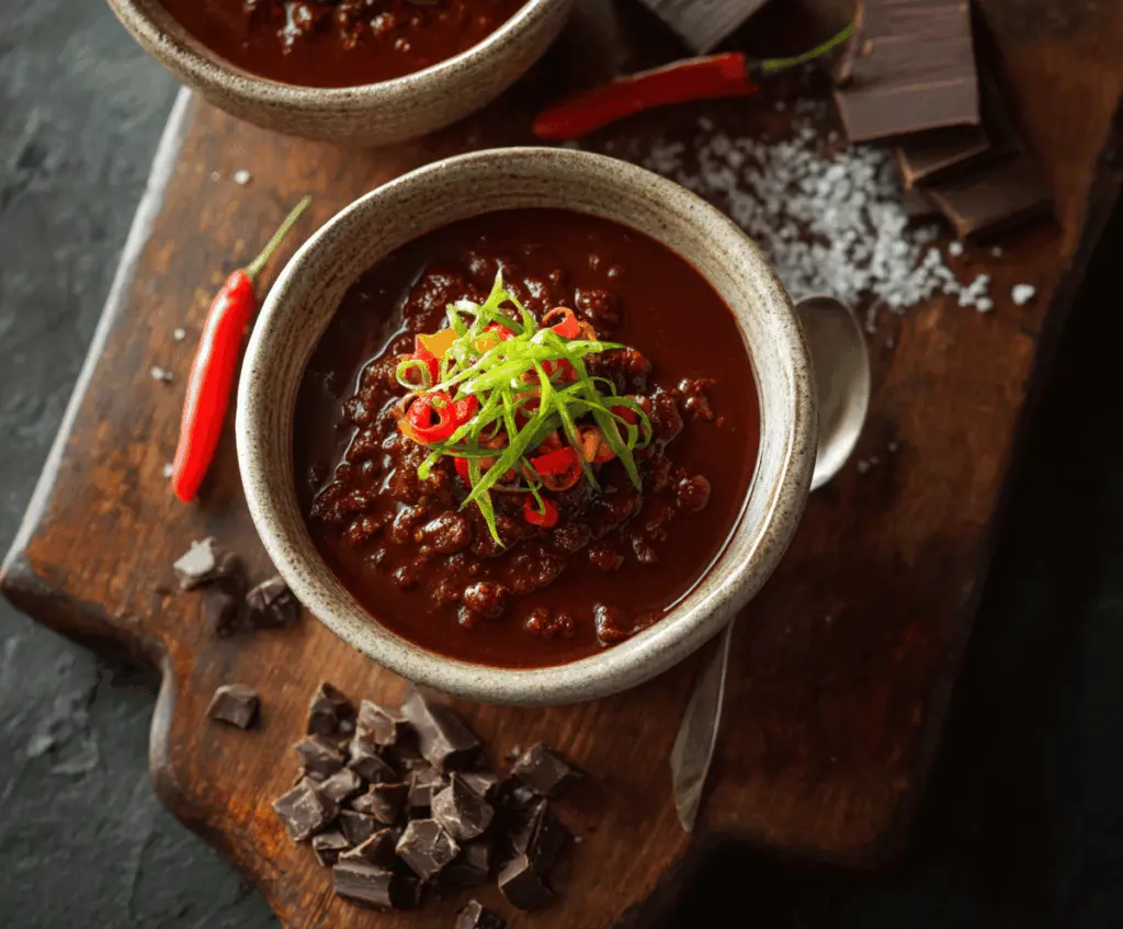 Delicious chocolate chili in a bowl topped with fresh herbs, served with cornbread on a rustic wooden table