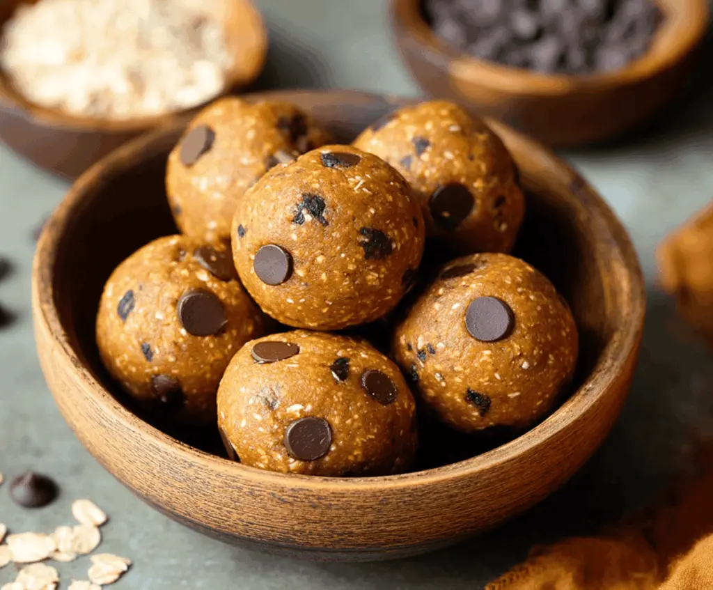 Delicious chocolate chip pumpkin protein balls on a plate, perfect healthy snack with pumpkin puree, chocolate chips, and protein powder