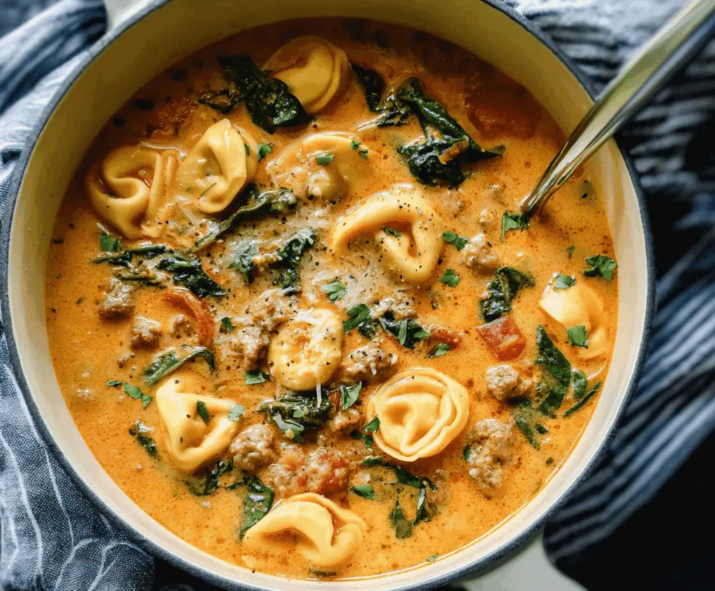 Creamy sausage tortellini soup in a bowl garnished with herbs, showcasing a rich, comforting Italian-inspired dish with sausage, tortellini, vegetables, and creamy broth.