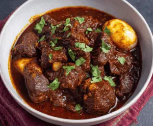 Delicious Ethiopian beef stew served with injera bread, featuring tender beef chunks, aromatic spices, and vibrant flavors.
