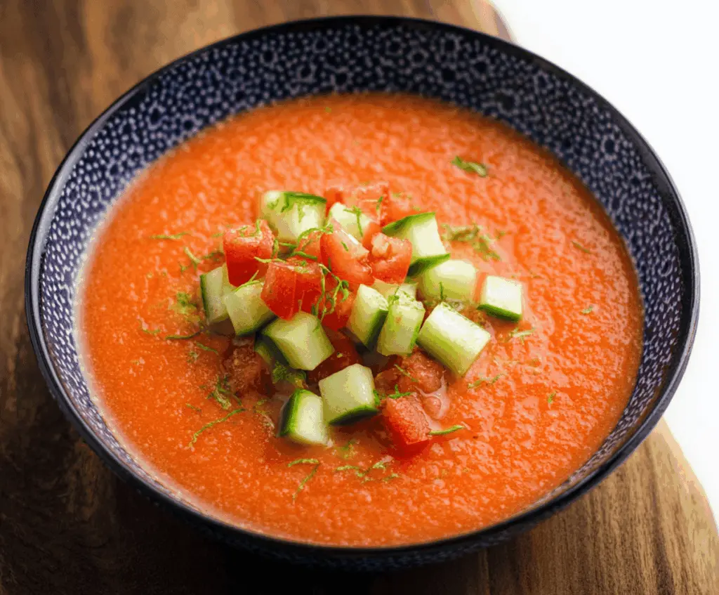 Fresh and vibrant gazpacho soup in a bowl, garnished with chopped vegetables and herbs, served outdoors on a sunny day.