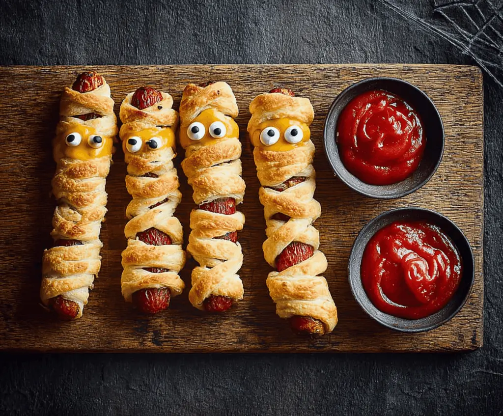 Cute Halloween mummy sausages wrapped in crescent roll bandages with googly eyes, perfect for spooky party snacks.
