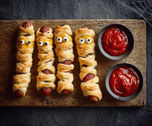Cute Halloween mummy sausages wrapped in crescent roll bandages with googly eyes, perfect for spooky party snacks.