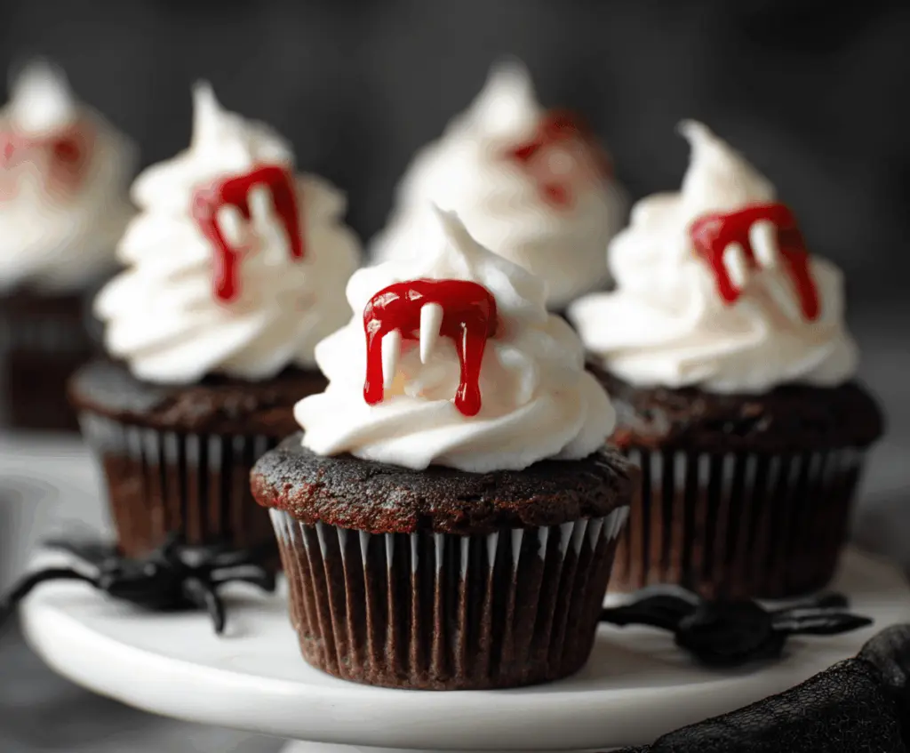Decorative Halloween Vampire Bite Cupcakes with red icing, fangs, and spooky themed toppers for a festive party treat