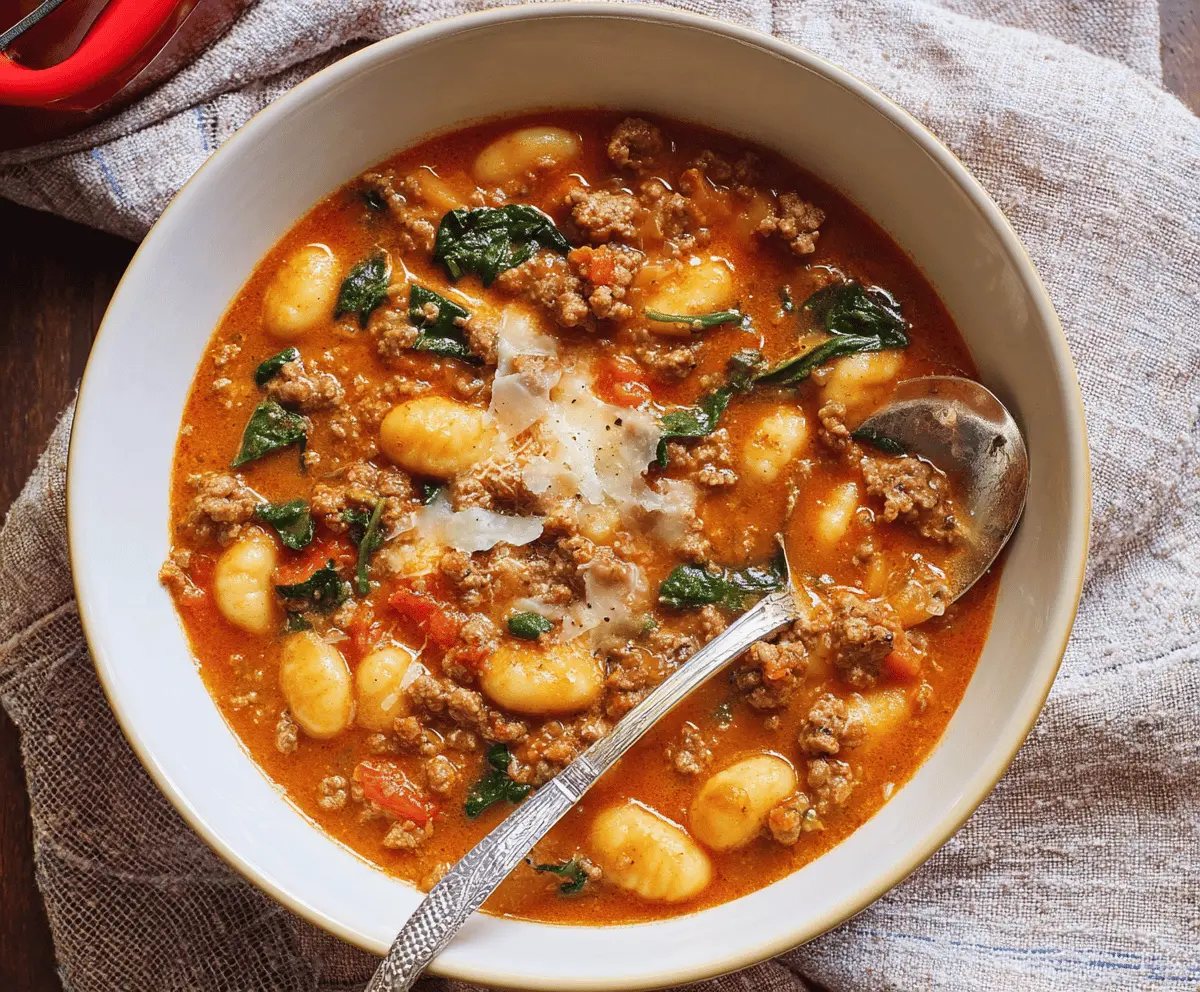 A steaming bowl of Hearty Sausage Gnocchi Soup featuring tender gnocchi, flavorful sausage, fresh vegetables, and a creamy broth served in a white bowl.