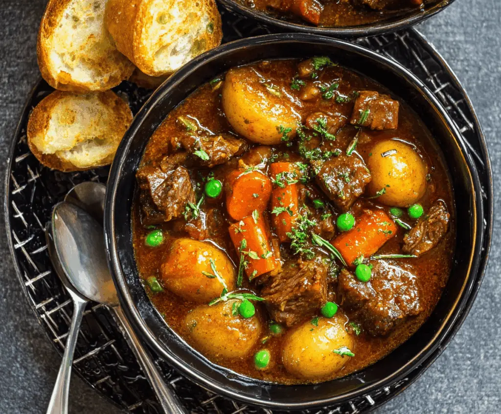 Delicious homemade Instant Pot beef stew with tender beef chunks, carrots, potatoes, and savory broth in a white bowl