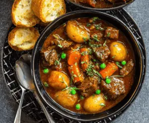 Delicious homemade Instant Pot beef stew with tender beef chunks, carrots, potatoes, and savory broth in a white bowl