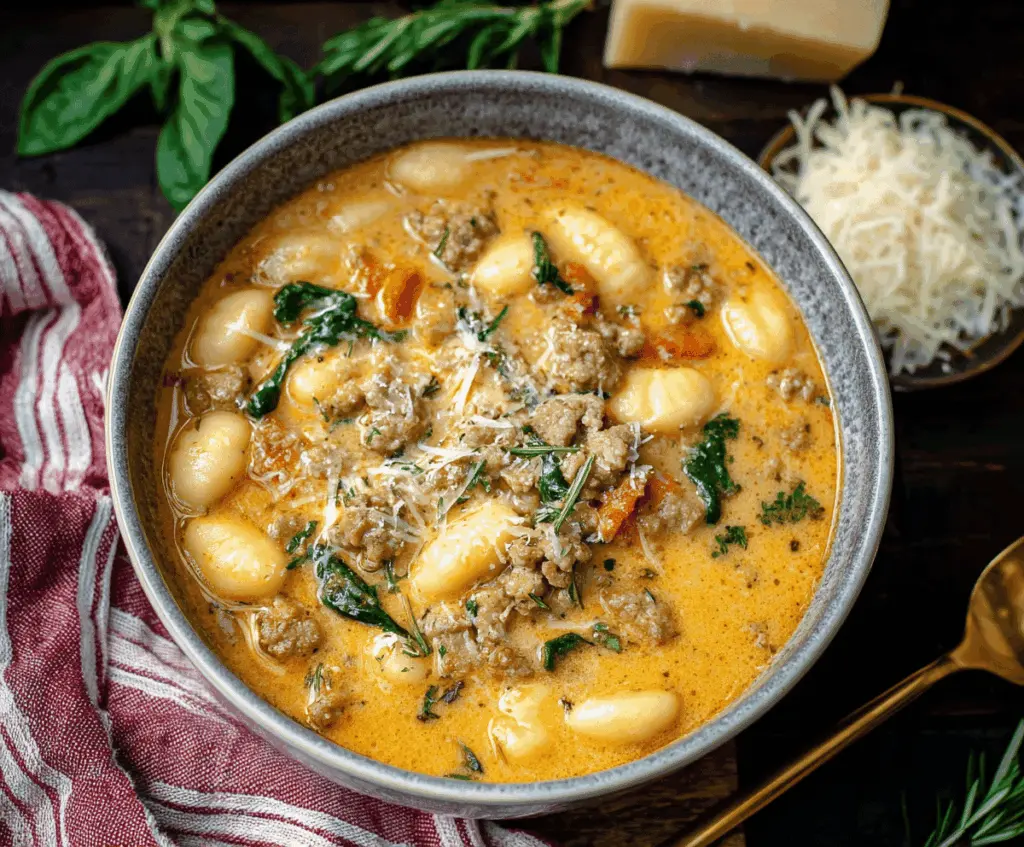 Creamy Italian Sausage Gnocchi Soup with spinach and herbs in a bowl, served hot and ready to enjoy
