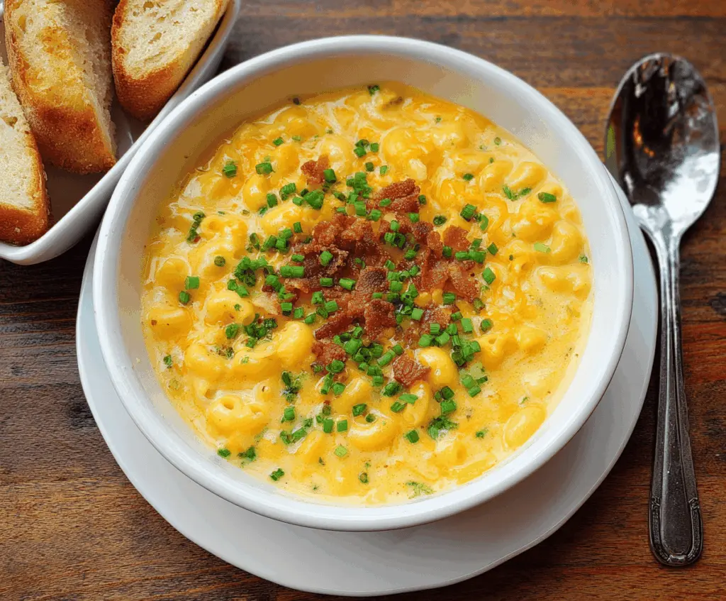 Creamy Mac and Cheese Soup topped with shredded cheese and herbs, served in a bowl for a comforting homemade meal.