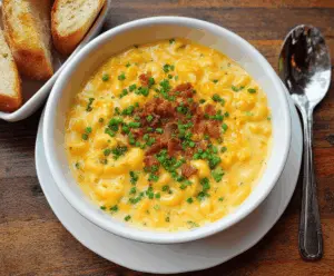 Creamy Mac and Cheese Soup topped with shredded cheese and herbs, served in a bowl for a comforting homemade meal.
