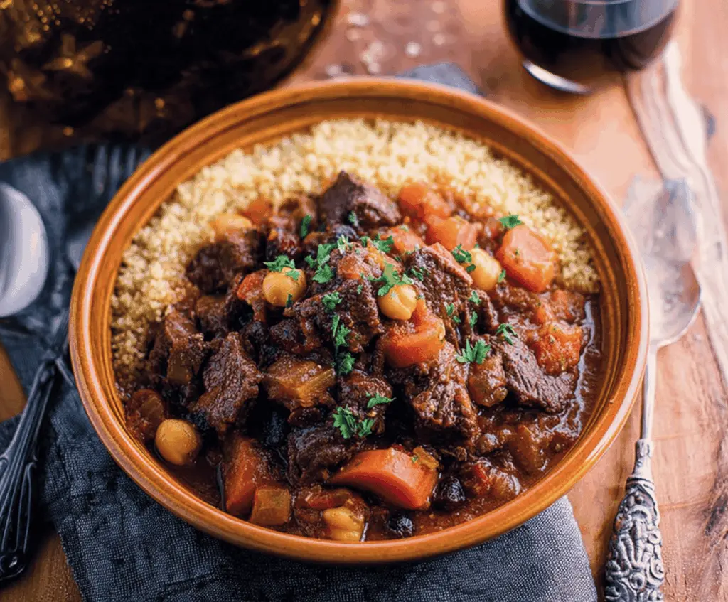 Hearty Moroccan Beef Stew with tender beef chunks, aromatic spices, and vegetables in a rich sauce served in a rustic bowl.