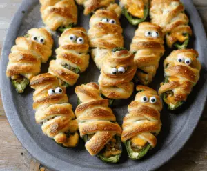 Spooky Mummy Jalapeño Poppers garnished with cheese and wrapped in bacon, perfect for Halloween appetizers