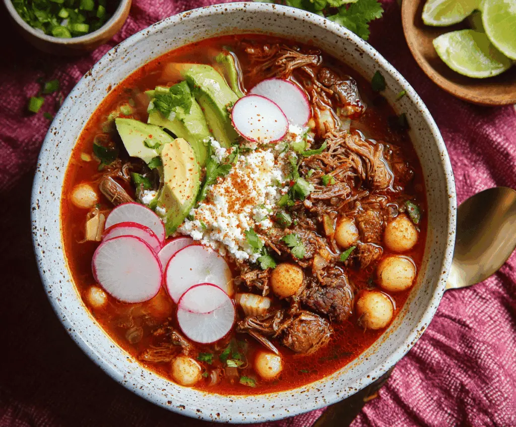 A bowl of traditional Pozole (Posole) soup topped with shredded lettuce, radishes, lime, and oregano, served with corn tortillas on the side.
