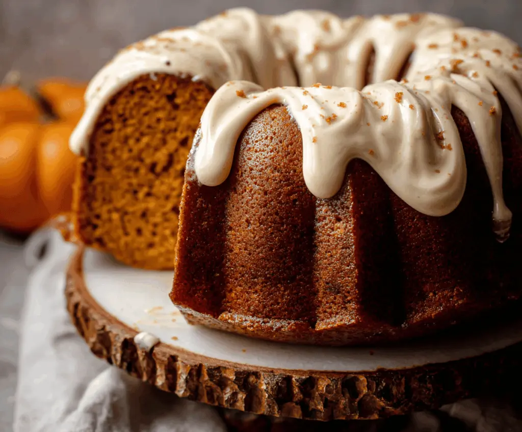 Delicious homemade Pumpkin Bundt Cake topped with cream cheese glaze and garnished with pecans, perfect for fall desserts.
