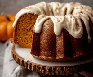 Delicious homemade Pumpkin Bundt Cake topped with cream cheese glaze and garnished with pecans, perfect for fall desserts.