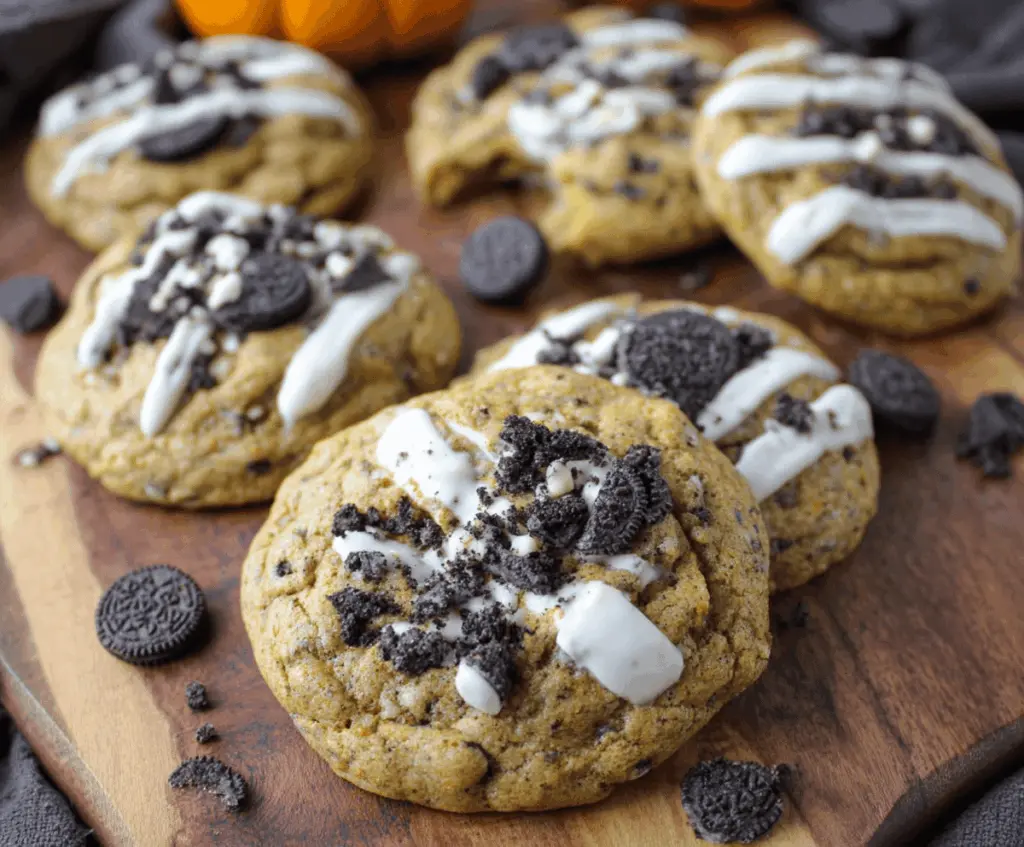 Delicious homemade Pumpkin Oreo White Chocolate Cookies with pumpkin puree, crushed Oreos, and white chocolate chunks on a baking sheet